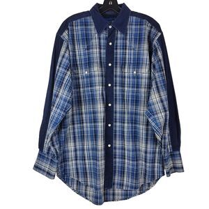 Vintage WRANGLER Shirt Mens Medium Blue Tartan Plaid Chambray Pearl Snap Western